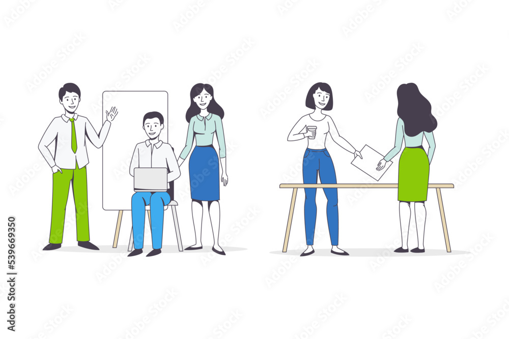 Successful Team with Man and Woman Office Employee Working Together Vector Set Successful Team with Man and Woman Office Employee Working Together Vector Set