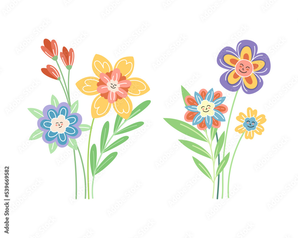 Smiling Flowers on Stalk with Petal and Green Leaf Vector Set