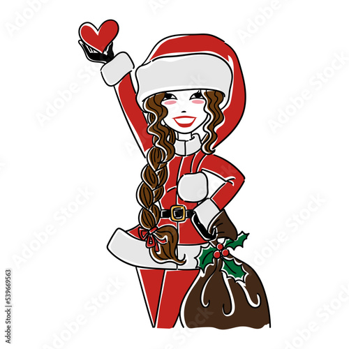 Illustration of a girl dressed as Santa Claus with a heart in one hand and a sack of gifts in the other