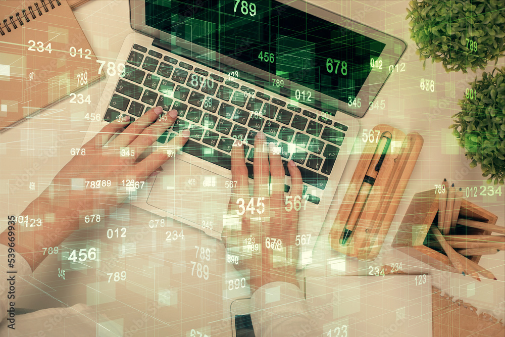 Double exposure of woman hands working on computer and data theme hologram drawing. Top View. Technology concept. Double exposure of woman hands working on computer and data theme hologram drawing. Top View. Technology concept.