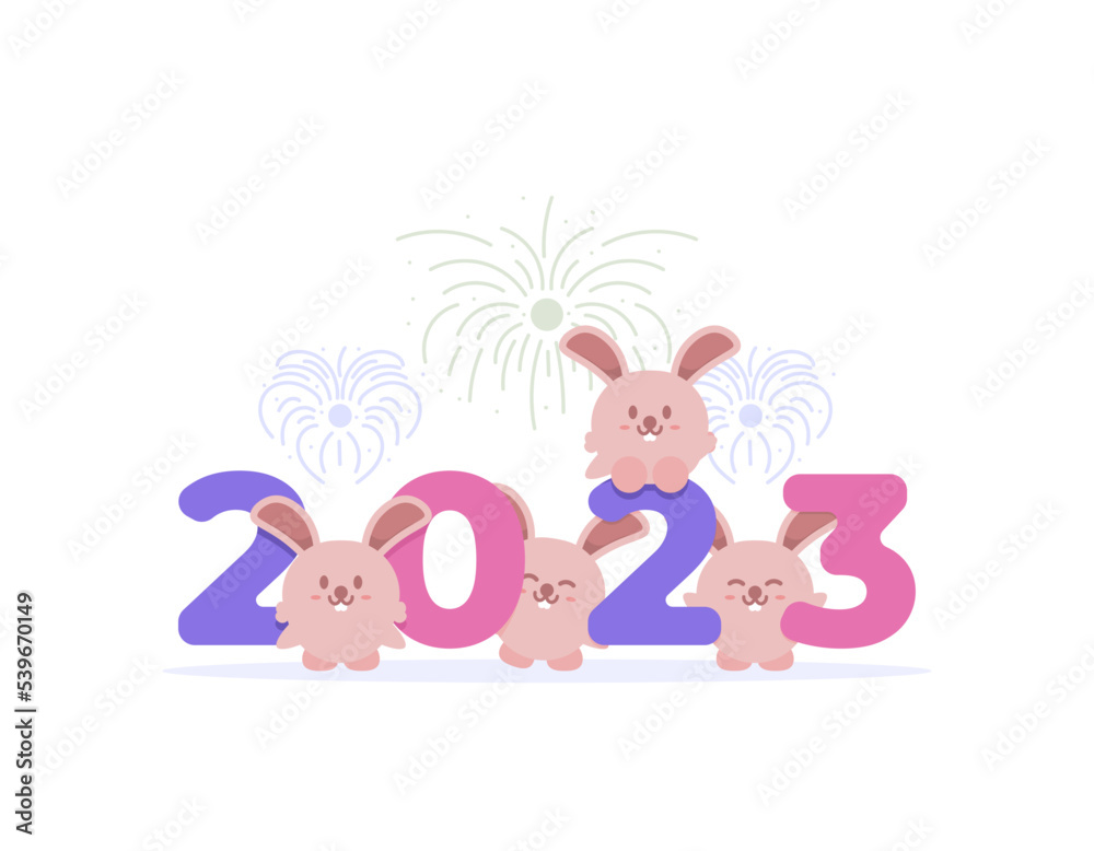 Happy New Year 2023. The bunnies celebrate and enjoy the New Year's party. cute, funny, and adorable bunny. watch and play with fireworks. Year of the rabbit. character illustration concept design