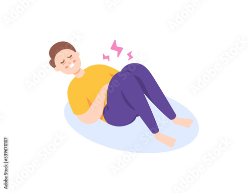a man curled up in pain. symptoms of heartburn, GERD, inflammation of the stomach and intestines. diseases of the organs or digestive system. stomachache or hunger. health problems. character