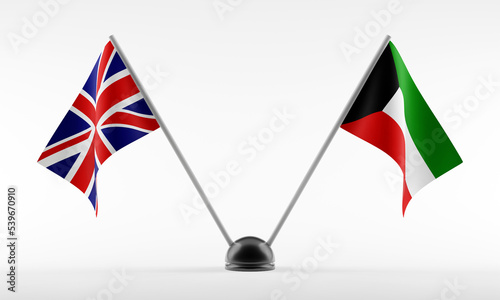 Stand with two national flags. Flags of Great Britain and Kuwait. Isolated on a white background. 3d render photo