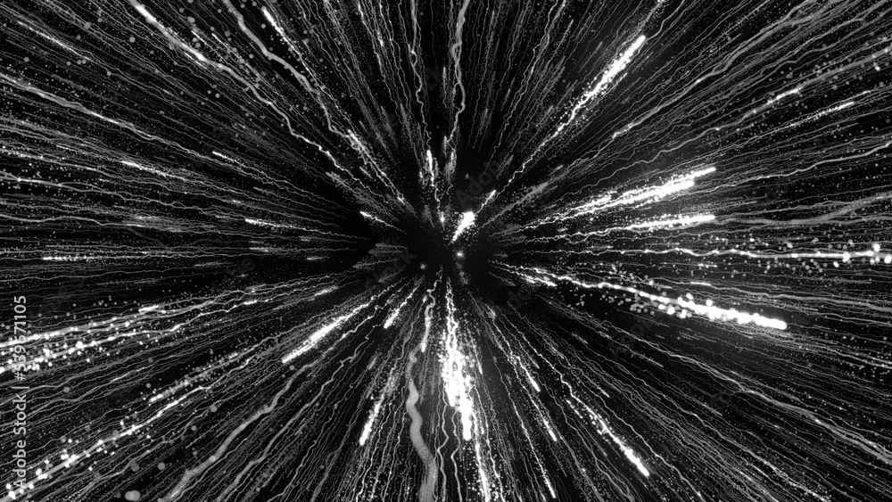 3D rendering of bright particles fill the space with jets of energy and light 3D rendering of bright particles fill the space with jets of energy and light