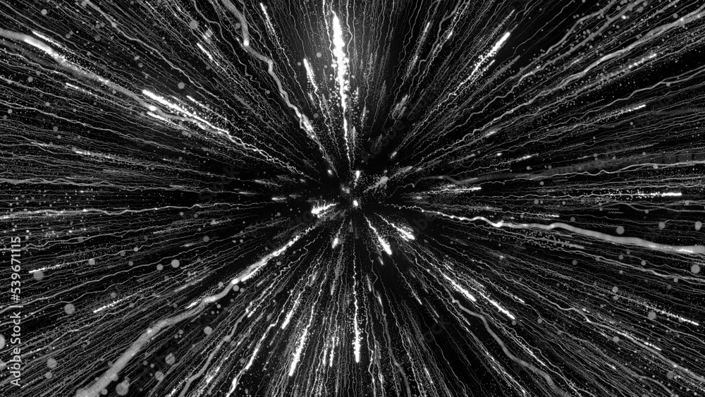 3D rendering of bright particles fill the space with jets of energy and light 3D rendering of bright particles fill the space with jets of energy and light