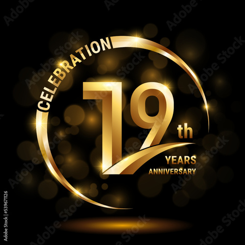 19th Anniversary Logo, Template design for anniversary celebration with golden ring and text, vector illustration