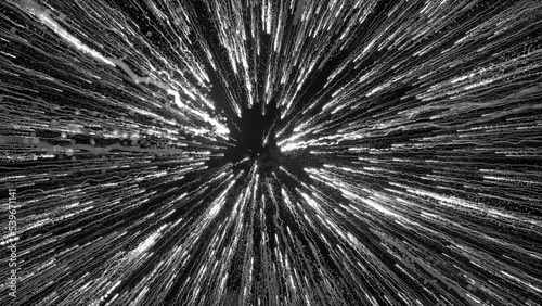 3D rendering of bright particles fill the space with jets of energy and light