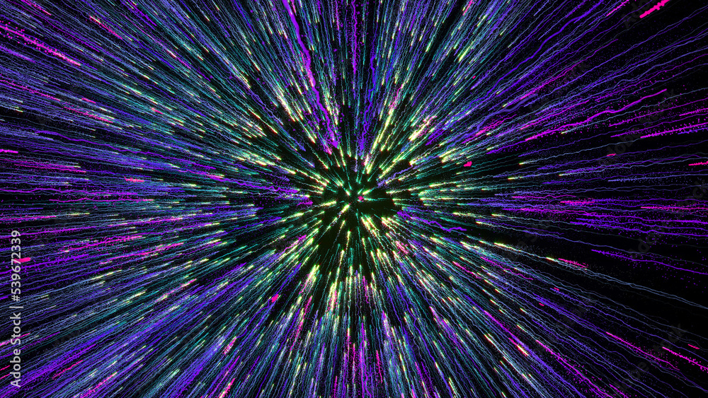 3D rendering of bright multi-colored particles fill the space with jets of energy and light 3D rendering of bright multi-colored particles fill the space with jets of energy and light