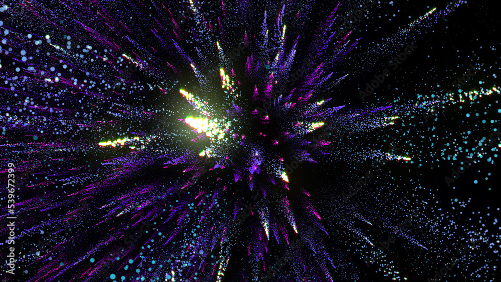 3D rendering of bright multi-colored particles fill the space with jets of energy and light 3D rendering of bright multi-colored particles fill the space with jets of energy and light
