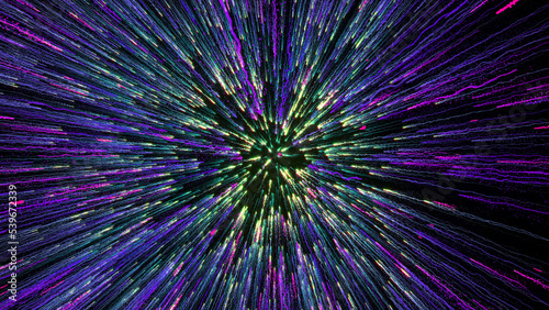 3D rendering of bright multi-colored particles fill the space with jets of energy and light