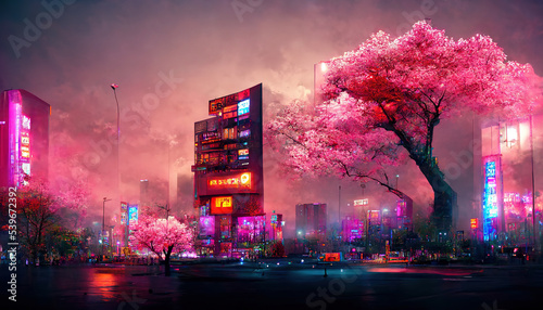 Fantasy Japanese night view city citycape, neon light, residential skyscraper buildings, pink cherry sakura tree. Night urban anime fantasy.