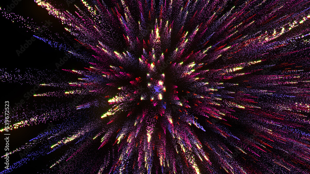 3D rendering of bright multi-colored particles fill the space with jets of energy and light 3D rendering of bright multi-colored particles fill the space with jets of energy and light