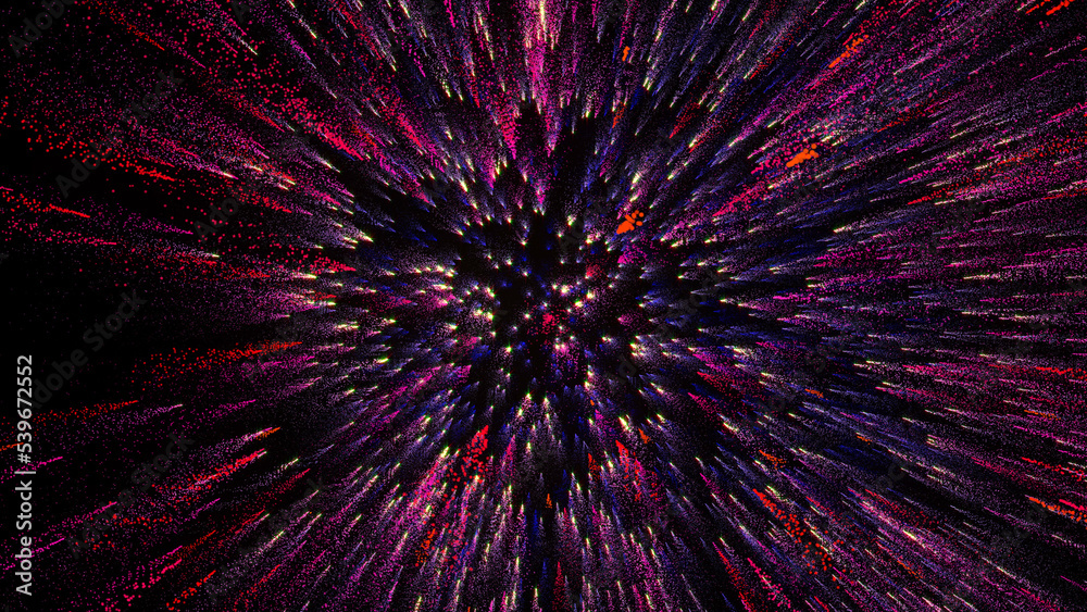 Fototapeta premium 3D rendering of bright multi-colored particles fill the space with jets of energy and light
