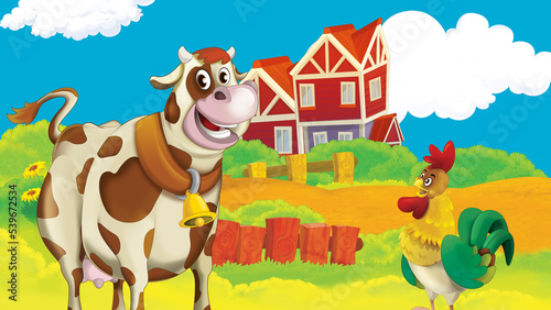 cartoon farm scene with cow illustration