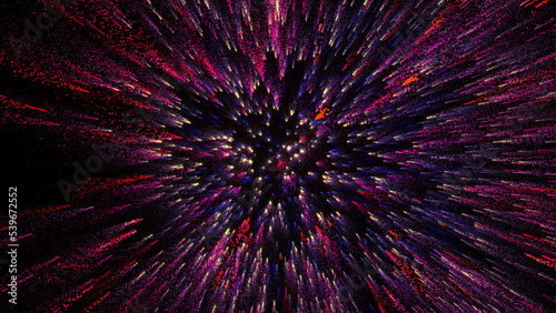 3D rendering of bright multi-colored particles fill the space with jets of energy and light