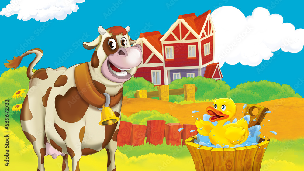 Naklejka premium cartoon farm scene with cow illustration