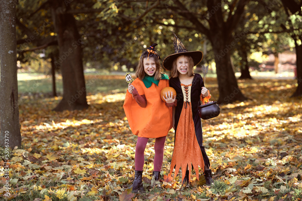 Two caucasian girls in Halloween outfits in the woods