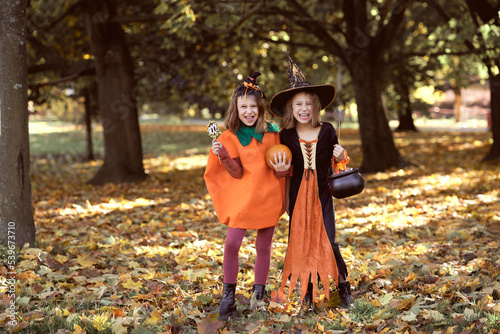 Two caucasian girls in Halloween outfits in the woods © gpointstudio
