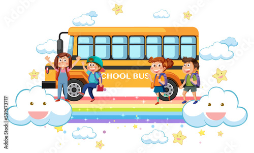 School bus children with rainbow