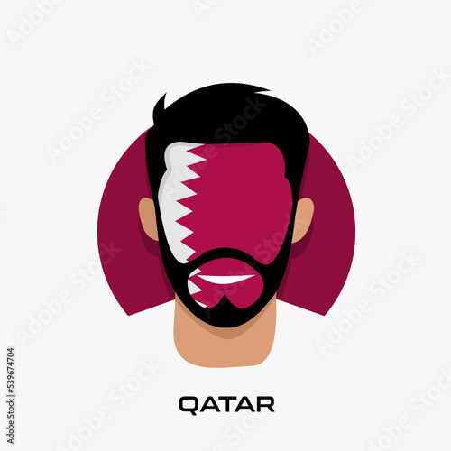Vector Design illustration of collection of football fans smile faces with qatar flag on caps.
