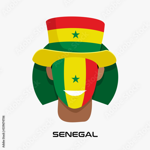 Vector Design illustration of collection of football fans smile faces with senegal flag on caps.