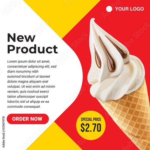 Tasty vanilla ice cream cone banner ads in 3d illustration. Vector illustration