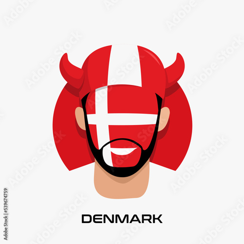 Vector Design illustration of collection of football fans smile faces with denmark flag on caps.