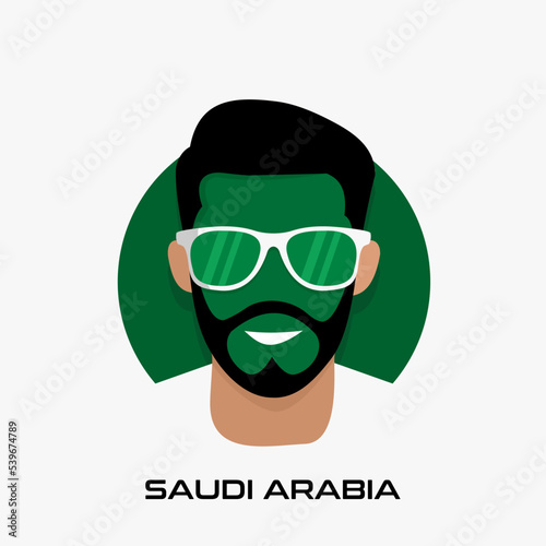 Vector Design illustration of collection of football fans smile faces with saudi arabia flag on caps.