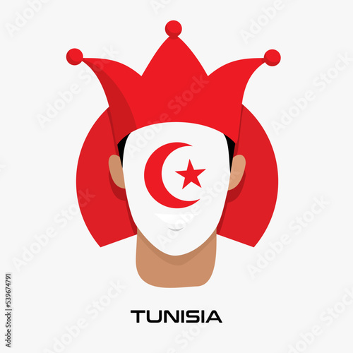 Vector Design illustration of collection of football fans smile faces with tunisia flag on caps.