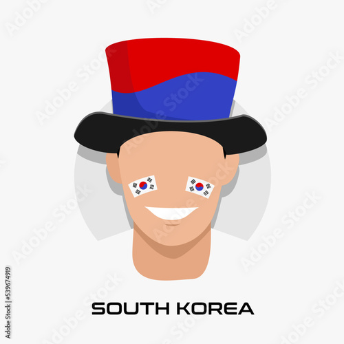 Vector Design illustration of collection of football fans smile faces with south korea flag on caps.