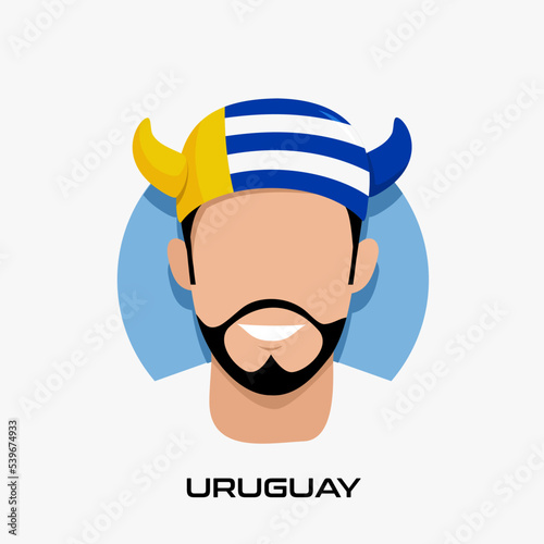 Vector Design illustration of collection of football fans smile faces with uruguay flag on caps.