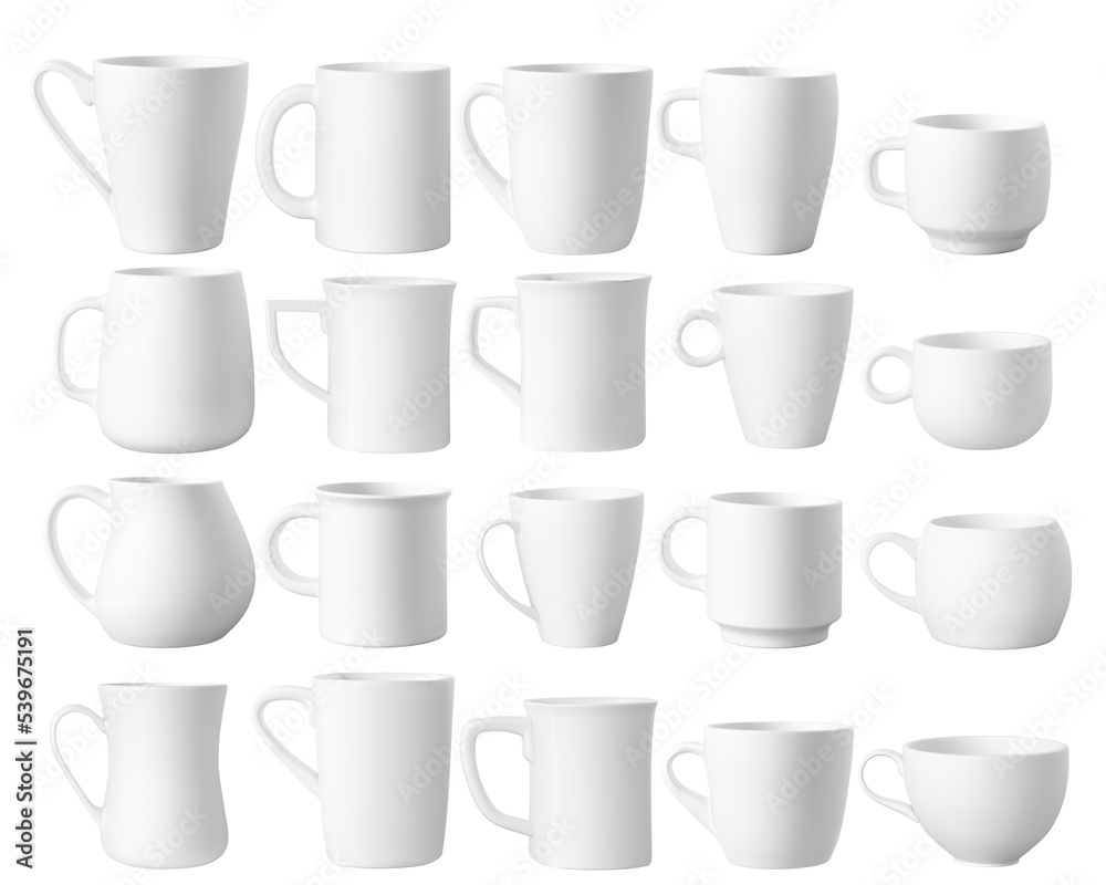 Set of realistic white mugs isolated on a white background. Templates for layout. Advertising, Illustration, 3d rendering Set of realistic white mugs isolated on a white background. Templates for layout. Advertising, Illustration, 3d rendering