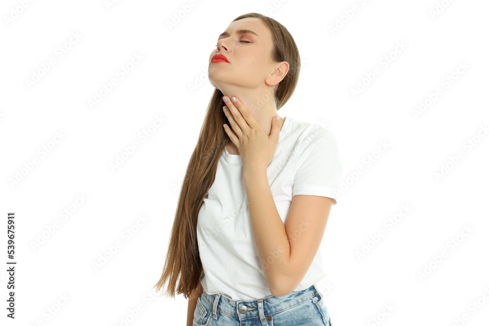 Concept of people, young woman with sore throat isolated on white background Concept of people, young woman with sore throat isolated on white background