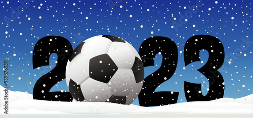 Best wishes, happy New Year 2023 with football on winter snow field. Vector background banner. Sport finale or school, sports game cup. winter time, Street ball games. Cartoon goal for 2023.
