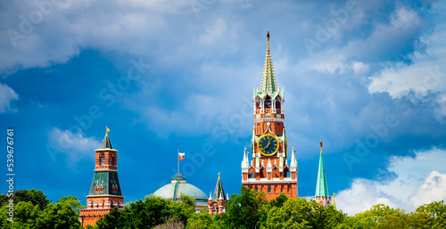 Spasskaya Tower of Moscow Kremlin in summer day before the rain. Red Square. Moscow. Russia