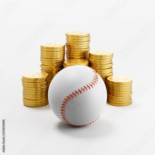 Baseball Ball ahead of Stacks of Coins on Light Gray Background