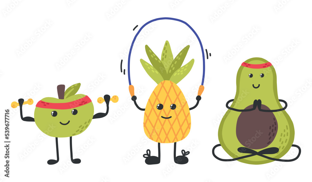 Naklejka premium Fruit Characters. Set of Characters with Fruits. Sports Fruits. Hand drawn style. vector illustration. Apple, pear and avocado are Sporting.