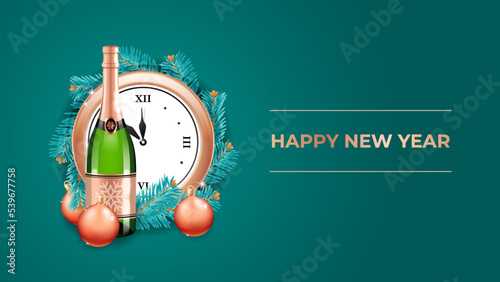 Happy New Year card vector template. Illustration of a champagne bottle, read Christmas balls and a clock on a teal background. Backdrop for web, social networks and stories. Vector 10 EPS.
