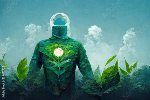 Recycle strong superhero professional empowerment concept stanging around green grass. Eco-friendly, save planet concept. Ai generated art illustration photo