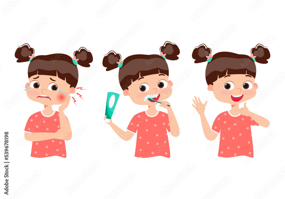 Cute girl with tooth brush and toothpaste. Child brushing teeth. Dental kids. Toothache. Baby crying for pain. Happy baby smile. Healthy teeth. Hygiene. Vector illustration. Cute girl with tooth brush and toothpaste. Child brushing teeth. Dental kids. Toothache. Baby crying for pain. Happy baby smile. Healthy teeth. Hygiene. Vector illustration.