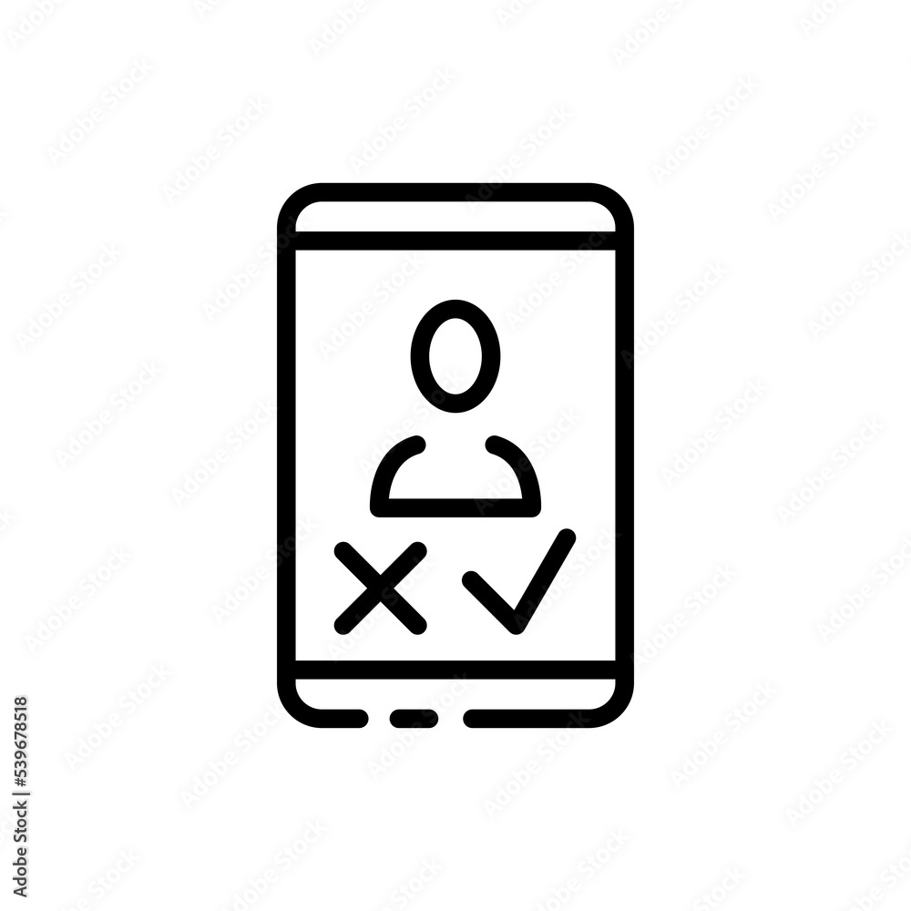 Phone with a check mark and person line icon. Message, letter, comment, approved, tick, feedback, reaction. Communication concept. Vector black line icon on a white background Phone with a check mark and person line icon. Message, letter, comment, approved, tick, feedback, reaction. Communication concept. Vector black line icon on a white background