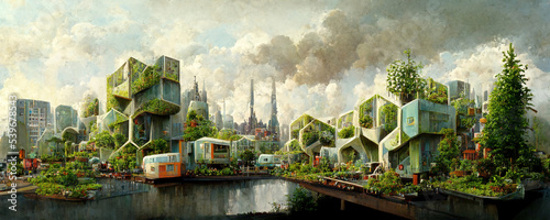 Spectacular eco-futuristic cityscape concept full with greenery, skyscrapers, parks, and other manmade green spaces in urban area. Green garden in modern city. Ai generated art illustration photo