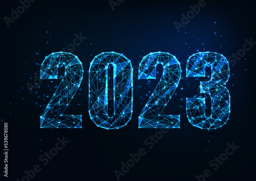 Happy 2023 New Year digital banner template in futuristic glowing polygonal style on blue background