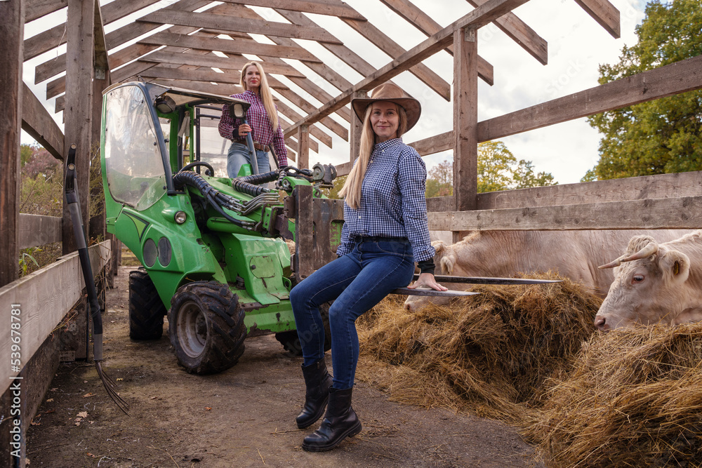 Portrait of happy farmers women with transportation and hay rolls. Portrait of happy farmers women with transportation and hay rolls.