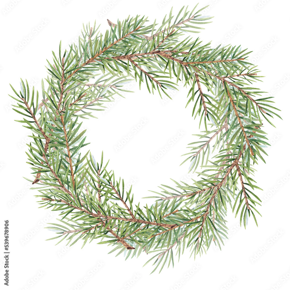 Watercolor wreath with Christmas tree branches on a white background. Decoration of green plants, pine, pine needles, spruce. Vintage frame made of twigs. Suitable for Christmas cards, print, design. Watercolor wreath with Christmas tree branches on a white background. Decoration of green plants, pine, pine needles, spruce. Vintage frame made of twigs. Suitable for Christmas cards, print, design.