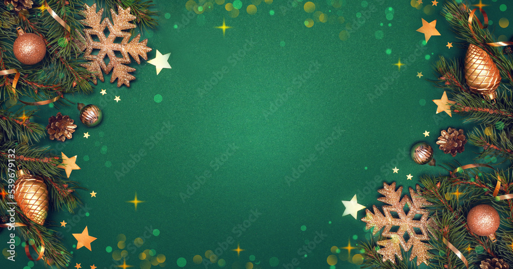      Spruce, fir branches, golden colored decorations on dark green background. Frame border. Christmas New Year composition background. Space for text. Banner.