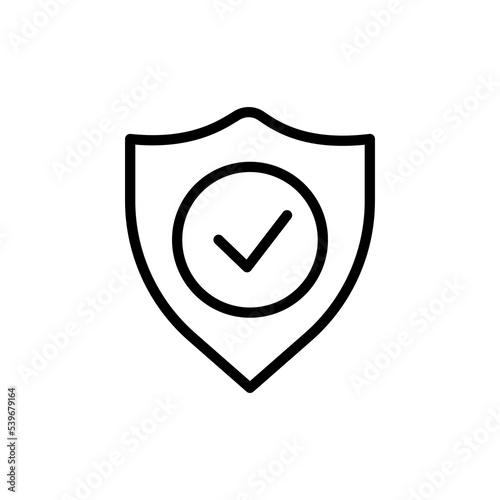 Shield with tick line icon. Success, security, protection, protection, vindication, password, twofactor authentication. Defense concept. Vector black line icon on a white background