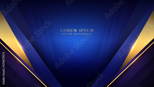 Diagonal golden lines with blue triangle layers, sparkle glow and lines stripe. luxury background style design concept