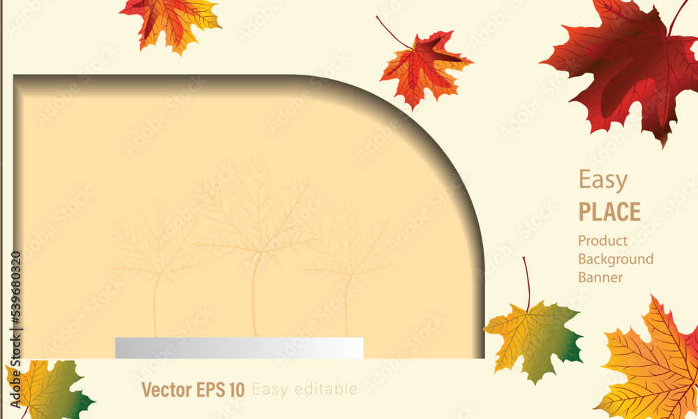 autumn product banner, podium platform with geometric shapes and nature background, paper illustration, and 3d paper.