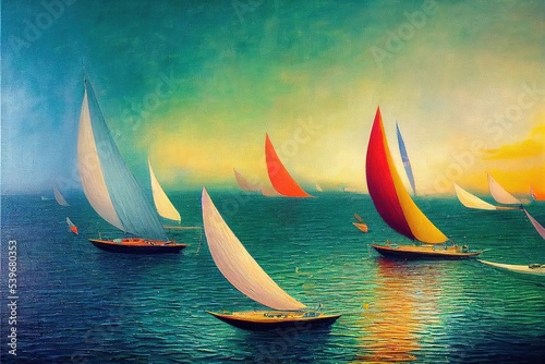 Colorful yachts sailing in the open sea,oil painting on canvas. photo